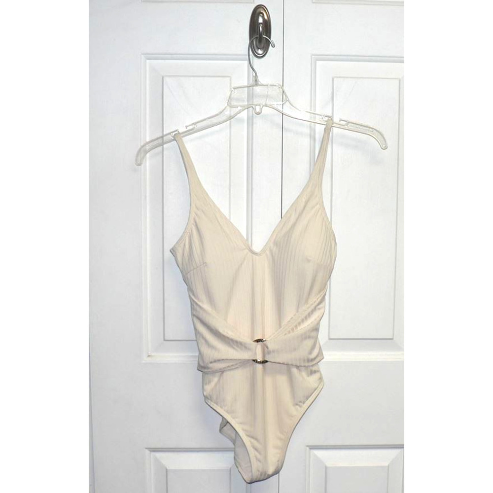 Michael Kors Women's Sash Logo Trim One Piece Ribbed Swimsuit in Cream Sz 8 $122 - Picture 2 of 4